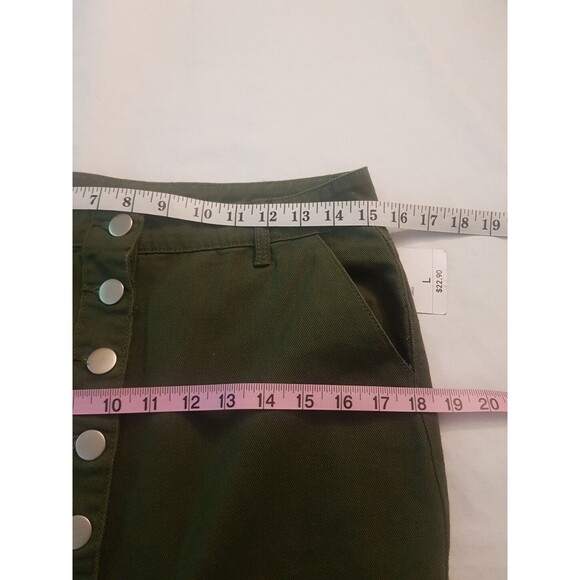 Forever 21 Womens Skirt Sz Large Knee length Green Olive Button down Raw Hemmed - Picture 9 of 12